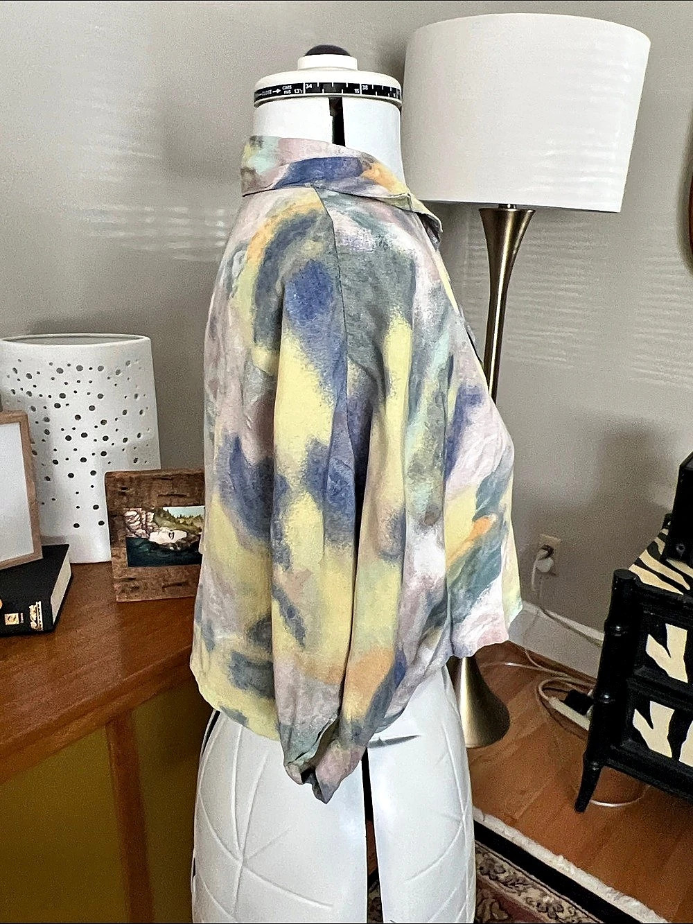 Up Cycled Abstract Cropped Button Front Top in Multicolor - Picture 3 of 5